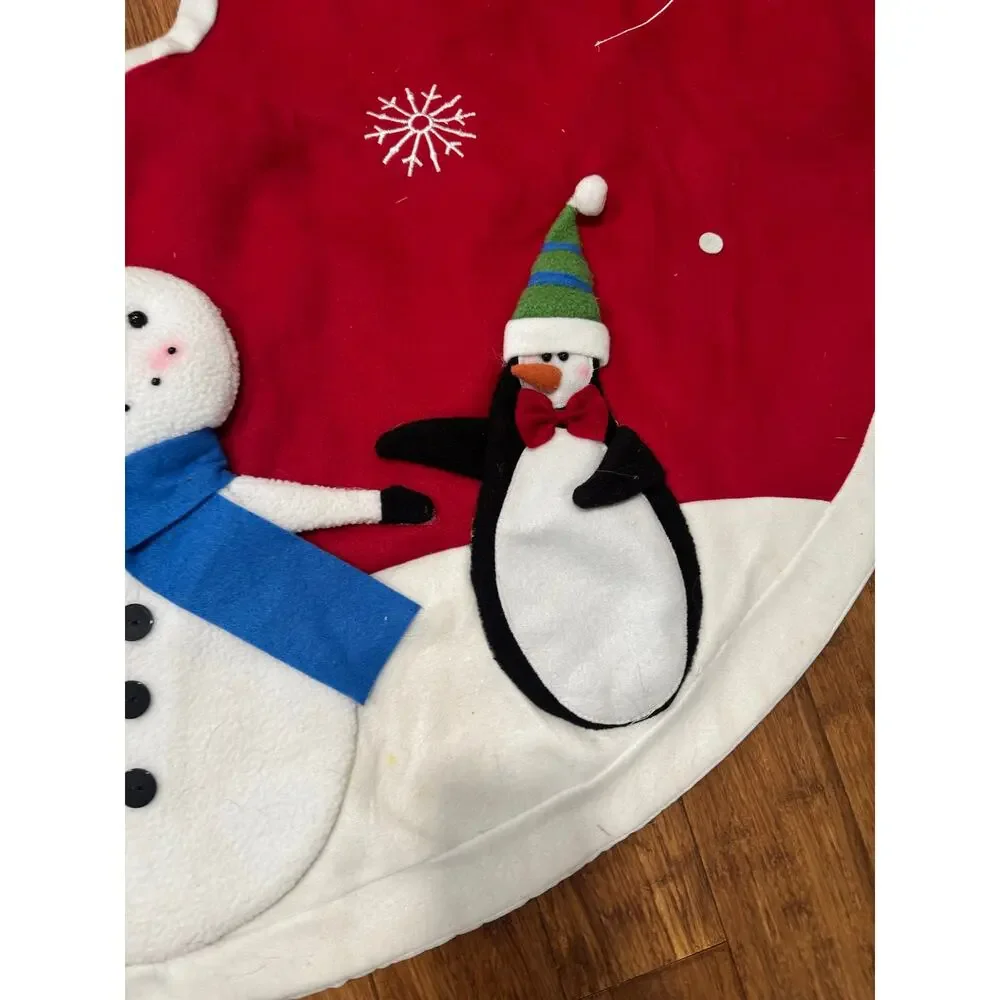 Kohl’s Christmas Tree Skirt Snowman Polar Bear Penguin 48” Red White Plush Decor